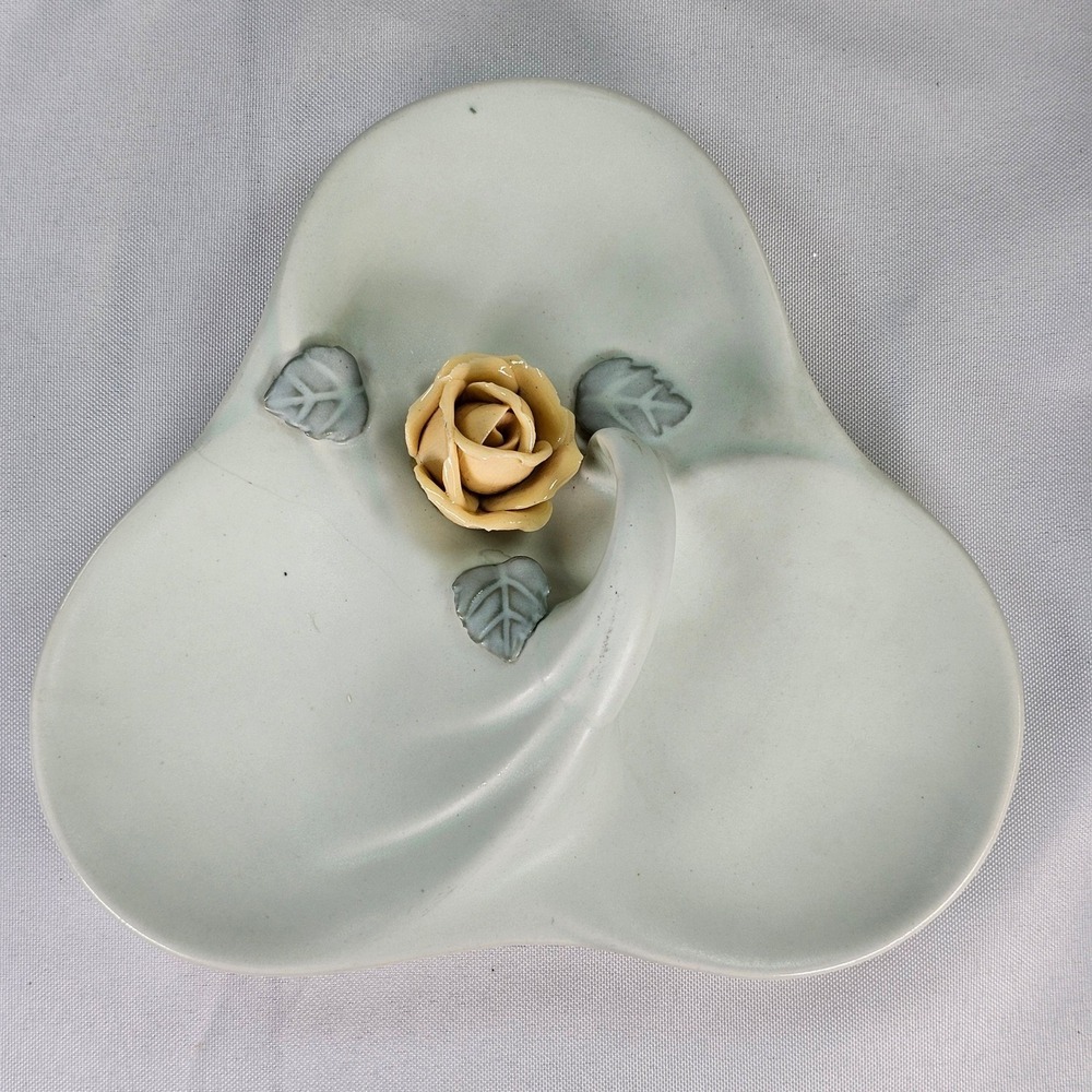 Vintage Ceramic Rose Trinket Dish Three Lobe Clover Jewelry Tray Celadon Green